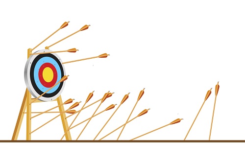 Many arrows missed hitting target mark. Shot miss. Multiple failed inaccurate attempts to hit archery target. Business challenge failure metaphor. Flat cartoon isolated vector object illustration